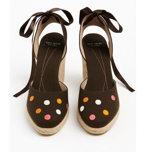 Kate Spade Dark Brown polka dot Wedges ribbon ankle tie vintage. Excellent!
